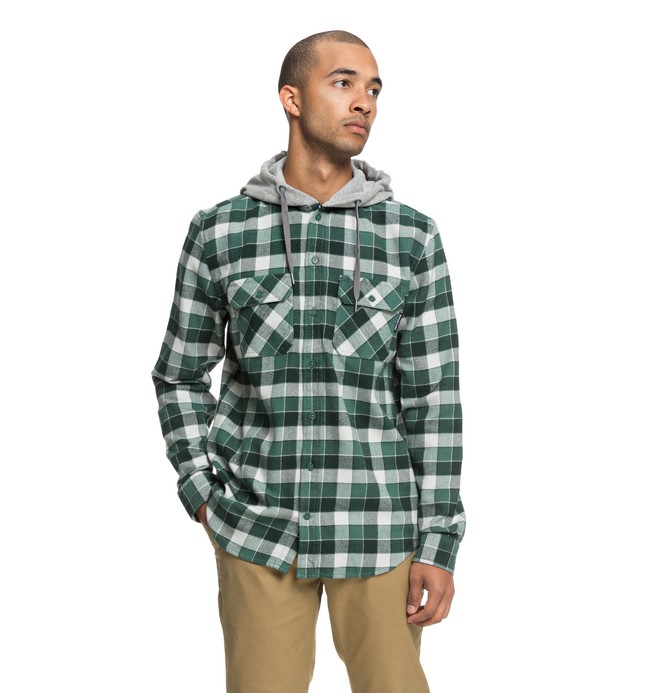 dcshoes, Runnels Long Sleeve Hooded Flannel Shirt, HUNTER GREEN (grw0) 0 Runnels Long Sleeve Hooded Flannel Shirt Green EDYWT03201 DC Shoes