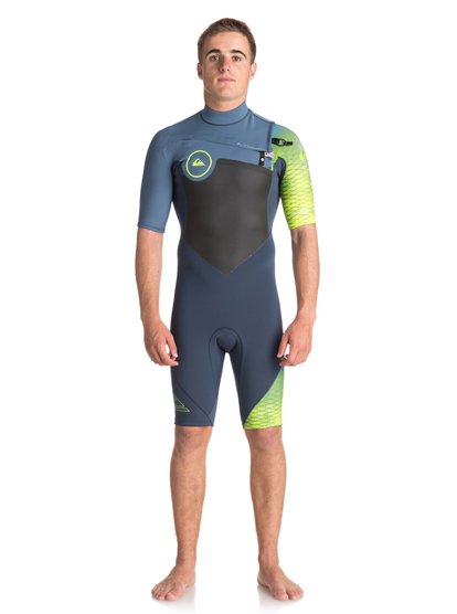 quiksilver, Гидрокостюм с молнией на груди 2/2mm Highline Plus, SLATE/ PEWTER/ SAFETY YELLOW (xkbg) 2/2mm Highline Plus - Short Sleeve Chest Zip Springsuit EQYW503005
