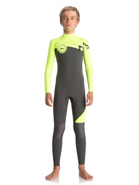 quiksilver, 4/3mm Syncro Series - Traje de surf GBS con cremallera en el pecho, JET BLACK/ SAFETY YELLOW/ GUN (xkgk) 4/3mm Syncro Series - Chest Zip GBS Wetsuit EQBW103021