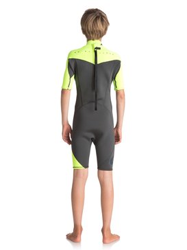 quiksilver, 2/2mm Syncro Series - Traje de surf de primavera FLT con manga corta y cremallera en la espalda, JET BLACK/ SAFETY YELLOW/ GUN (xkgk) 2/2mm Syncro Series - Short Sleeve Back Zip FLT Springsuit EQBW503004