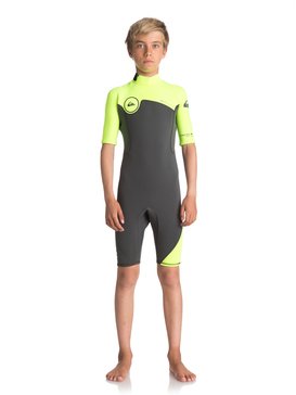quiksilver, 2/2mm Syncro Series - Traje de surf de primavera FLT con manga corta y cremallera en la espalda, JET BLACK/ SAFETY YELLOW/ GUN (xkgk) 2/2mm Syncro Series - Short Sleeve Back Zip FLT Springsuit EQBW503004