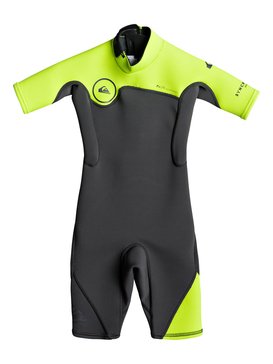 quiksilver, 2/2mm Syncro Series - Traje de surf de primavera FLT con manga corta y cremallera en la espalda, JET BLACK/ SAFETY YELLOW/ GUN (xkgk) 2/2mm Syncro Series - Short Sleeve Back Zip FLT Springsuit EQKW503000