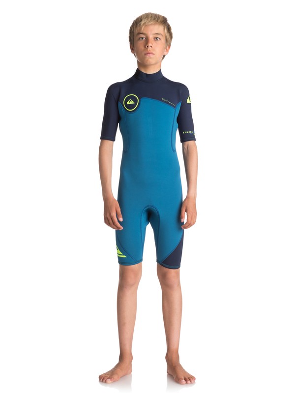 quiksilver, 2/2mm Syncro Series - Short Sleeve Back Zip FLT Springsuit for Boys 8-16, MARINA/ BLUE NIGHTS/ SAFETY YE (xbbg) 0 2/2mm Syncro Series - Short Sleeve Back Zip FLT Springsuit for Boys 8-16 Blue EQBW503004 Quiksilver