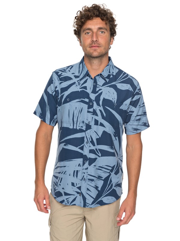 quiksilver, Waterman Wake Palm Frond Technical Short Sleeve Shirt, DARK DENIM PALM FROND (brq6) 0 Waterman Wake Palm Frond Technical Short Sleeve Shirt Blue EQMWT03124 Quiksilver
