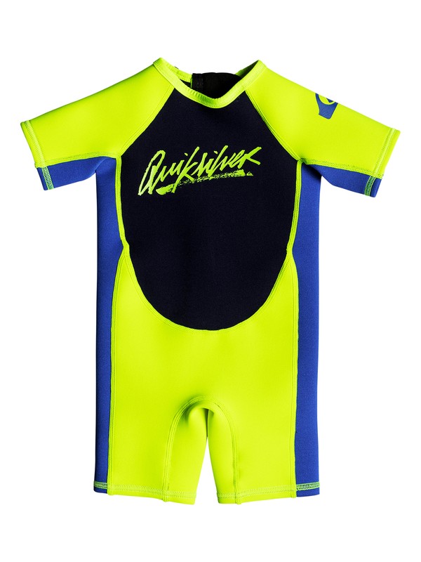 quiksilver, 1.5mm Syncro Short Sleeve Back Zip Springsuit, SAFETY YELLOW/BLUE RIBBON (xybb) 0 1.5mm Syncro Short Sleeve Back Zip Springsuit Yellow EQTW503002 Quiksilver