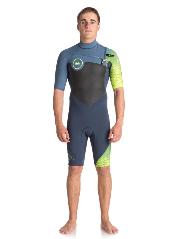 quiksilver, 2/2mm Highline Plus - Short Sleeve Chest Zip Springsuit for Men, SLATE/ PEWTER/ SAFETY YELLOW (xkbg) 0 2/2mm Highline Plus - Short Sleeve Chest Zip Springsuit for Men Black EQYW503005 Quiksilver