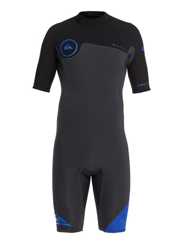 quiksilver, 2mm Syncro - Short Sleeve Back Zip FLT Springsuit, GRAPHITE/BLACK/DEEP CYANINE (xbkb) 0 2mm Syncro - Short Sleeve Back Zip FLT Springsuit Blue EQYW503006 Quiksilver