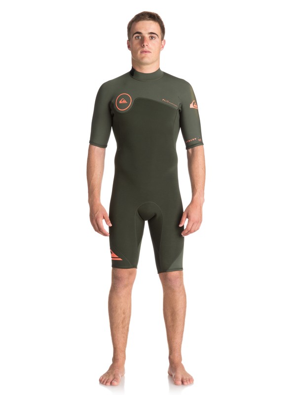 quiksilver, 2/2mm Syncro Series Short Sleeve Back Zip FLT Springsuit, DARK IVY/ IVY/ SHRIMP PINK (xcgn) 0 2/2mm Syncro Series Short Sleeve Back Zip FLT Springsuit Brown EQYW503006 Quiksilver