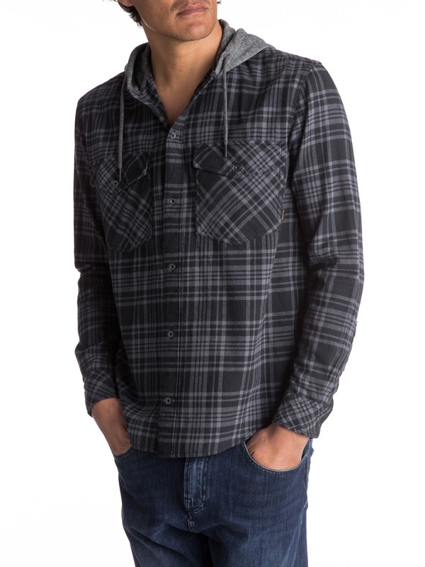 quiksilver, Snap Up Flannel Long Sleeve Hooded Shirt, TARMAC SNAP UP (kta1) 0 Snap Up Flannel Long Sleeve Hooded Shirt Black EQYWT03578 Quiksilver