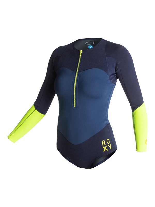 roxy, XY 1mm Bikini Long Sleeve Springsuit, NAVY/NAVY HEATHER/LEMON (xbby) 0 XY 1mm Bikini Long Sleeve Springsuit ARJW403004 Roxy
