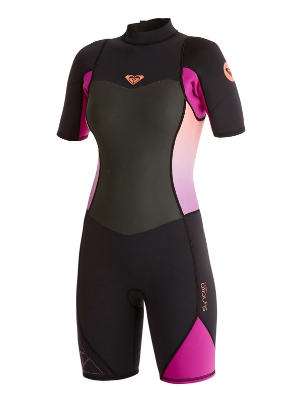 roxy, Syncro Flatlock 2mm - Traje de surf corto con manga corta y cremallera trasera, BLACK/ VIOLET/ CORAL/ FLAME OR (xkmn) 0 Syncro Flatlock 2mm - Traje de surf corto con manga corta y cremallera trasera Multicolor ARJW503007 Roxy