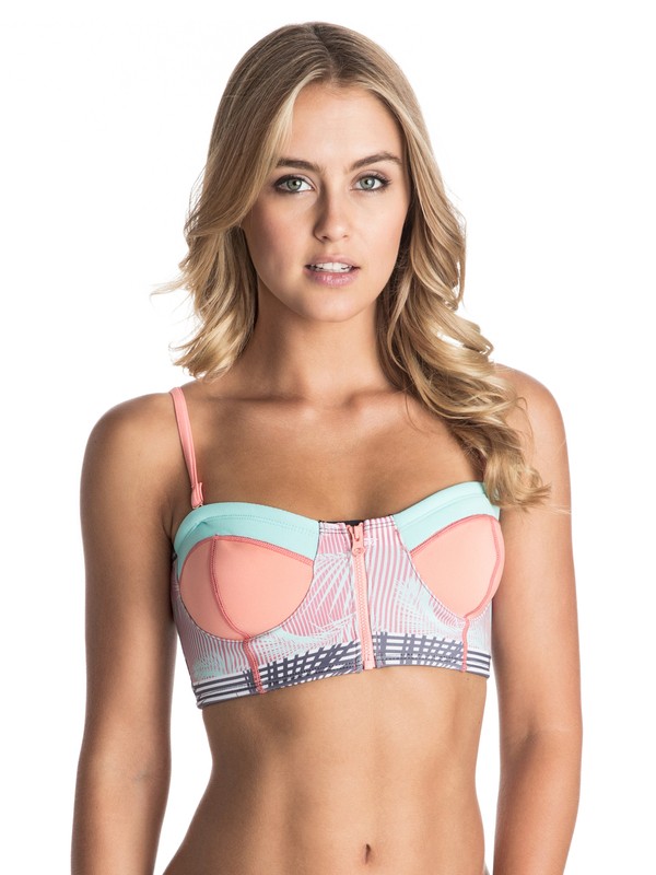 roxy, Pop Surf Zip Front Bandeau Bikini Top, POP SURF SUNKISSED CORAL - NEW (njg6) 0 Pop Surf Zip Front Bandeau Bikini Top ARJX303195 Roxy