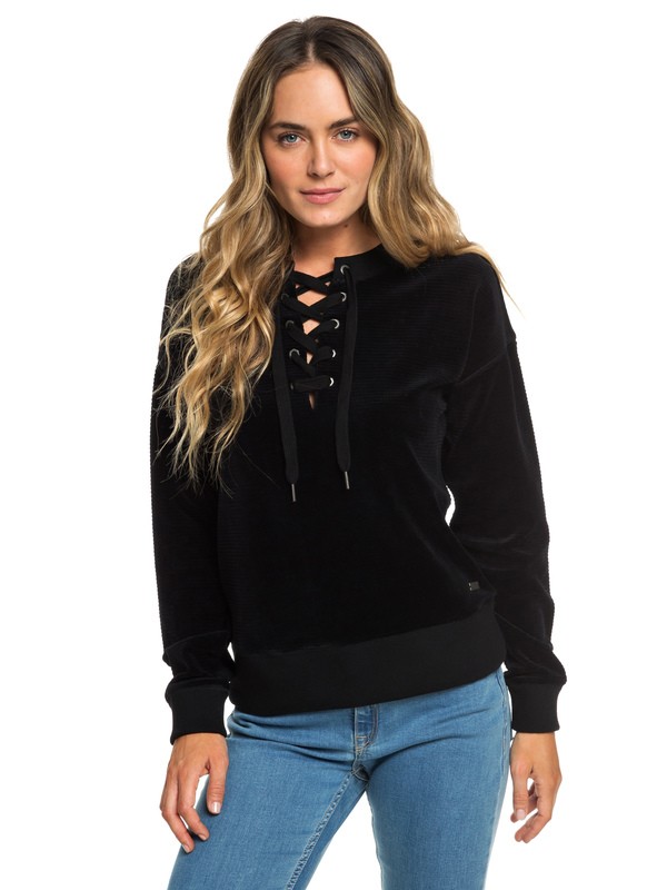 roxy, Lucky Sunshine Lace-Up Velour Sweatshirt, TRUE BLACK (kvj0) 0 Lucky Sunshine Lace-Up Velour Sweatshirt Black ERJFT03927 Roxy
