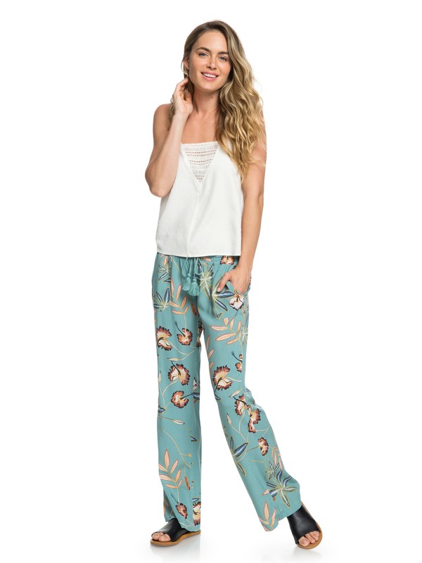 roxy, Oceanside Flared Beach Pants, TRELLIS BIRD FLOWER (bkw6) 0 Oceanside Flared Beach Pants Blue ERJNP03208 Roxy