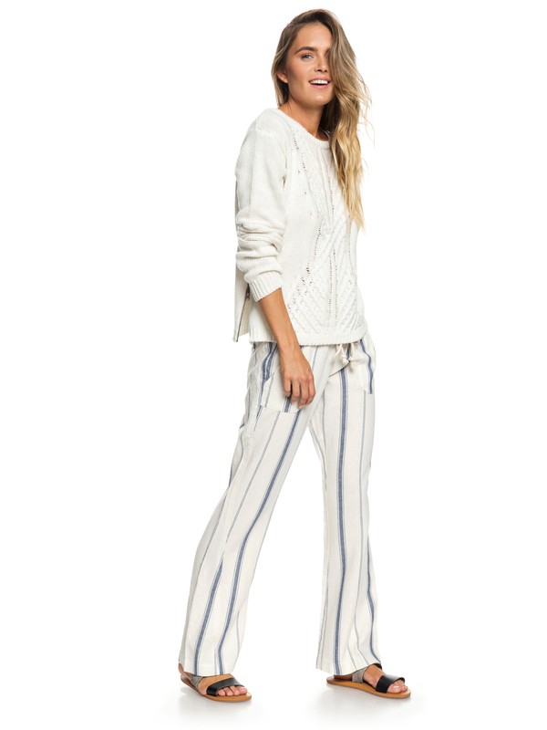 roxy, Oceanside Flared Linen Pants, MARSHMALLOW TEA PARTY STRIPE (wbt4) 0 Oceanside Flared Linen Pants White ERJNP03210 Roxy