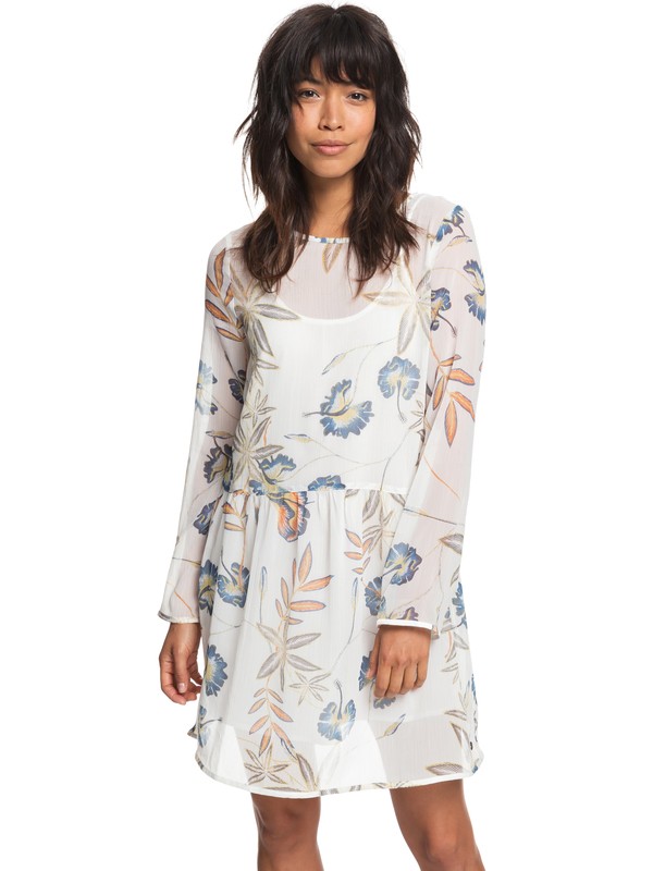 roxy, Amazing Wave Long Sleeve Dress, MARSHMALLOW BIRD FLOWER (wbt7) 0 Amazing Wave Long Sleeve Dress White ERJWD03253 Roxy