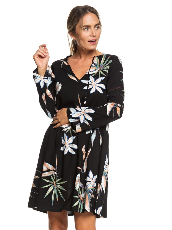 roxy, Lombock Watefall Long Sleeve Dress, TRUE BLACK DELICATE FLOWERS (kvj8) 0 Lombock Watefall Long Sleeve Dress Black ERJWD03277 Roxy