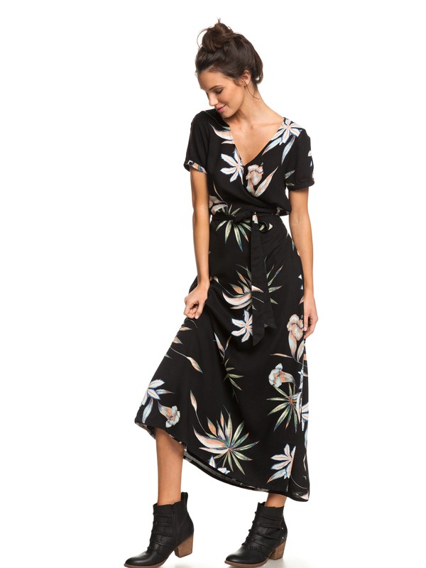 roxy, Maxi Vestido de Manga Corta Lotus Heart, TRUE BLACK DELICATE FLOWERS (kvj8) 0 Maxi Vestido de Manga Corta Lotus Heart Negro ERJWD03287 Roxy