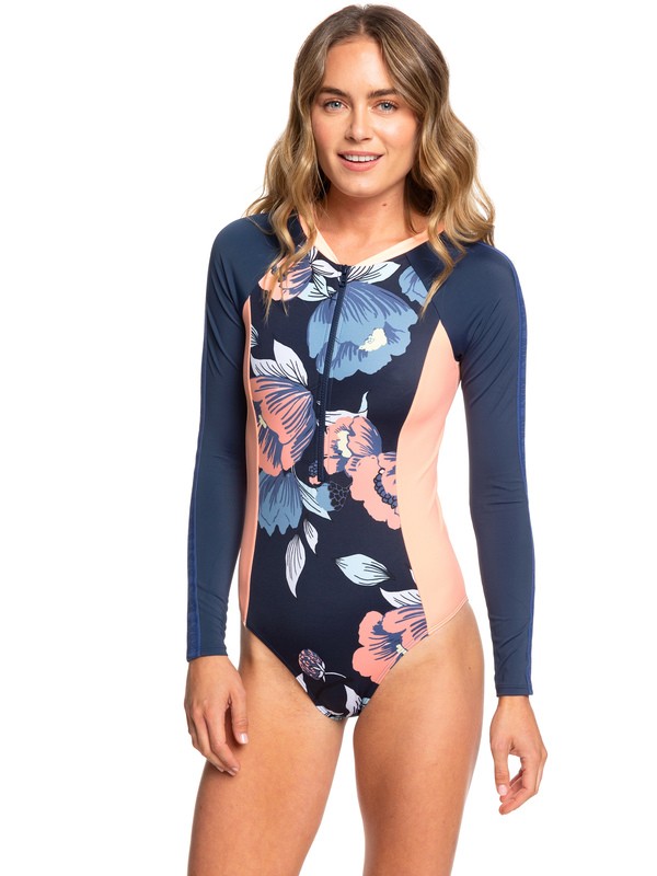 roxy, ROXY Fitness Long Sleeve UPF 50 One-Piece Swimsuit, MED BLUE FULL FLOWERS L SW (bte5) 0 ROXY Fitness Long Sleeve UPF 50 One-Piece Swimsuit Blue ERJWR03284 Roxy