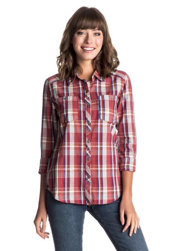 roxy, Sneaky Peaks Long Sleeve Shirt, POINT PLAID COMBO TOMATO (rny3) 0 Sneaky Peaks Long Sleeve Shirt ERJWT03027 Roxy