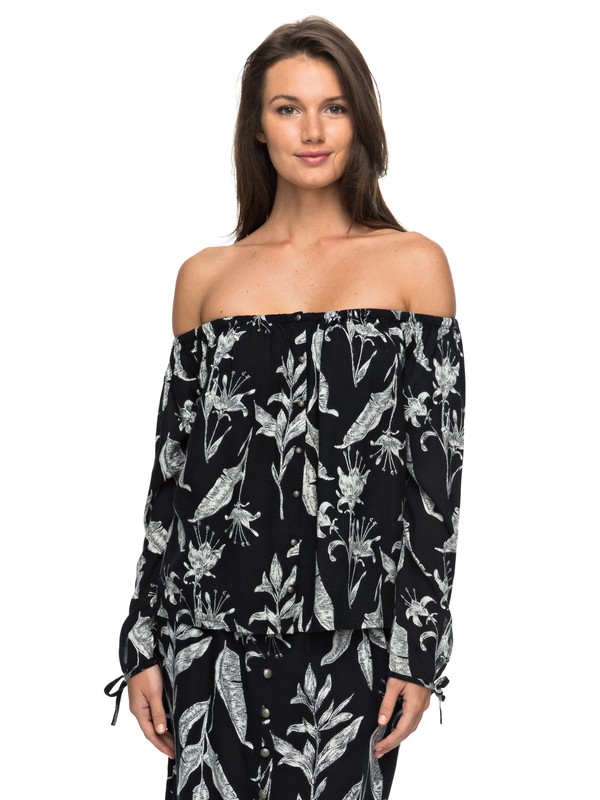 roxy, Ms Brightside Long Sleeve Off the Shoulder Top, ANTHRACITE LOVE LETTER (kvj8) 0 Ms Brightside Long Sleeve Off the Shoulder Top Black ERJWT03148 Roxy