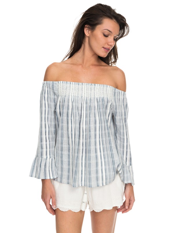 MOON SAPPHIRE STRIPE ERJWT03184 0 Moon Sapphire Stripe Off The Shoulder Top ERJWT03184 Roxy