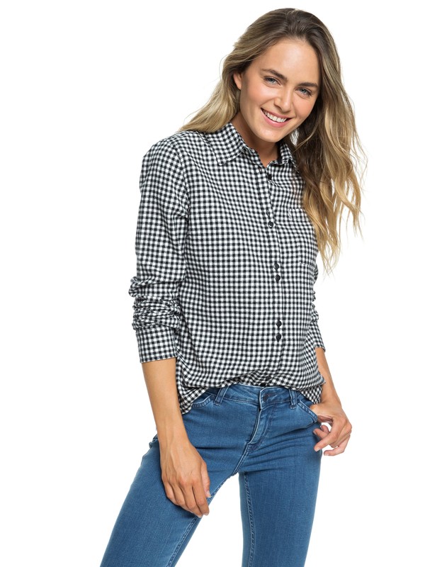roxy, Concrete Streets Check Long Sleeve Flannel Shirt, TRUE BLACK TEA FOR TWO GINGHAM (xkkw) 0 Concrete Streets Check Long Sleeve Flannel Shirt White ERJWT03240 Roxy