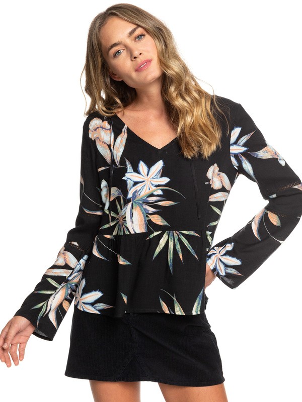 roxy, Heat Of Banjar Long Sleeve Top, TRUE BLACK DELICATE FLOWERS (kvj8) 0 Heat Of Banjar Long Sleeve Top Black ERJWT03271 Roxy