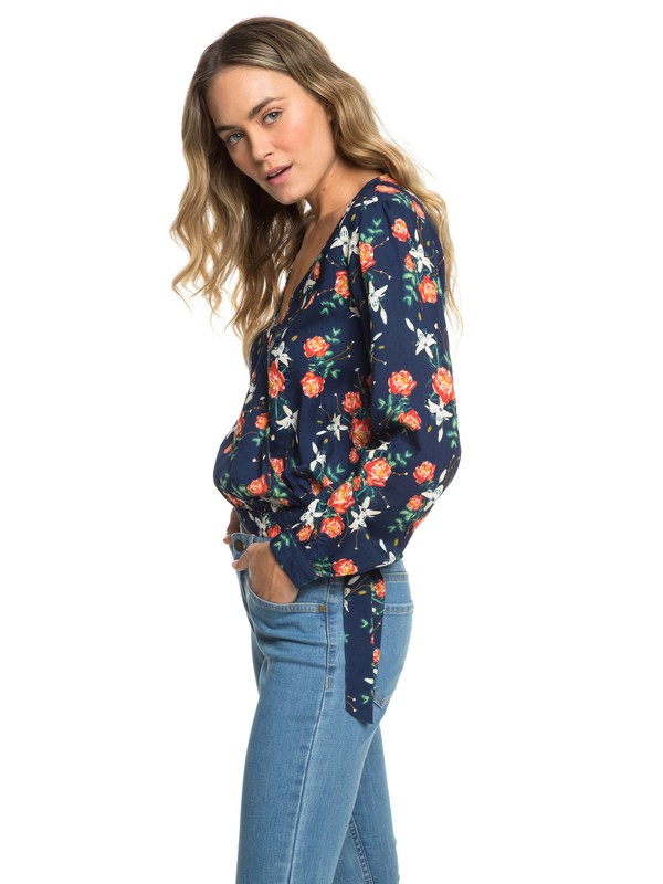 roxy, Empire State View Long Sleeve Wrap Top, DRESS BLUE GARDEN LILY (btk9) 0 Empire State View Long Sleeve Wrap Top Blue ERJWT03300 Roxy