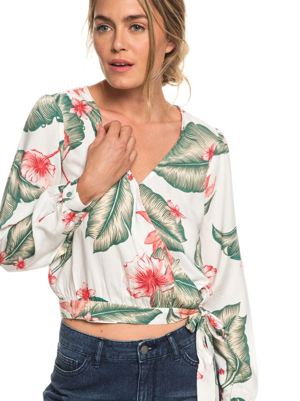 roxy, Empire State View Long Sleeve Wrap Top, MARSHMALLOW TROPICAL LOVE (wbt7) 0 Empire State View Long Sleeve Wrap Top White ERJWT03300 Roxy