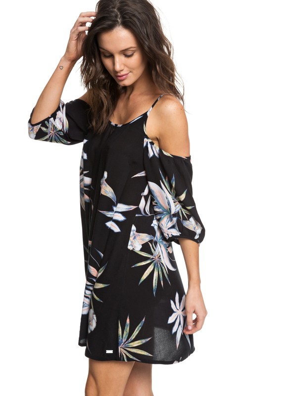roxy, Baliana Short Sleeve Beach Dress, TRUE BLACK DELICATE FLOWERS S (kvj6) 0 Baliana Short Sleeve Beach Dress Black ERJX603130 Roxy