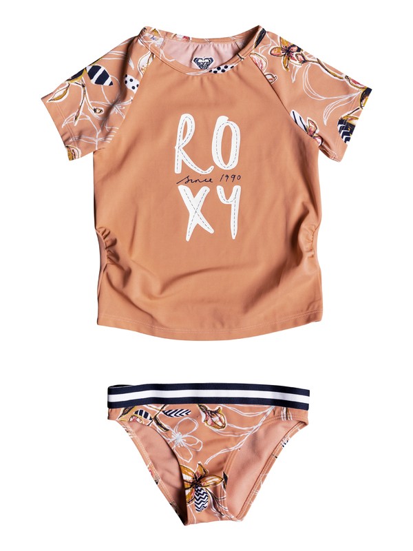roxy, Girl's 2-6 Let's Be ROXY Short Sleeve UPF 50 Rash Guard Set, CORAL ALMOND (mgl0) 0 Girl's 2-6 Let's Be ROXY Short Sleeve UPF 50 Rash Guard Set Pink ERLWR03084 Roxy